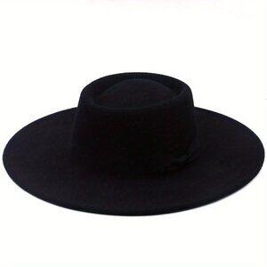 Bold Black Wide-Brim Felt Hat with Ribbon Bow Band